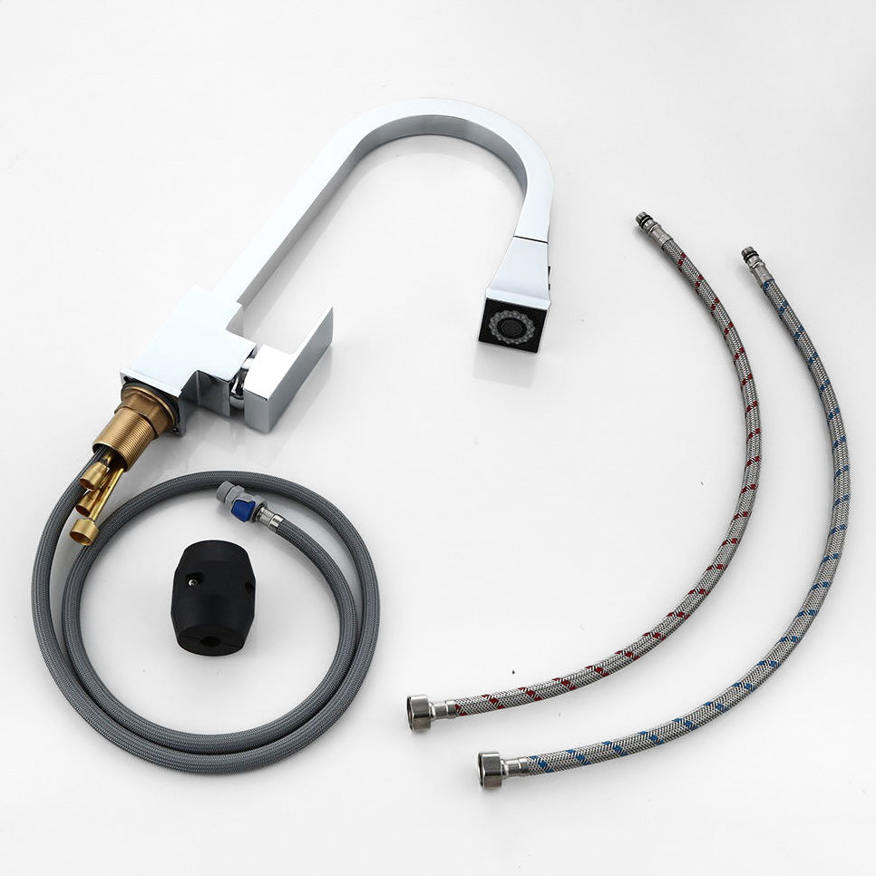 Robinet mitigeur cuisine avec douchette – Col de cygne carré chromé – Édition Pro