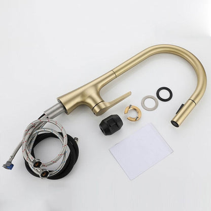 Robinet mitigeur de cuisine doré avec douchette extractible et col de cygne — Collection Prestige