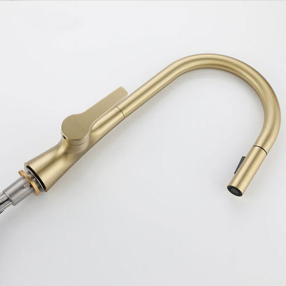 Robinet mitigeur de cuisine doré avec douchette extractible et col de cygne — Collection Prestige